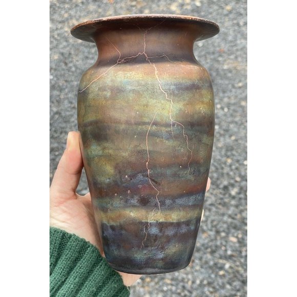 7.25" Vintage 20th C. Raku Iridescent Glazed Pottery Ceramic Vase Ramer Art - Picture 9 of 13